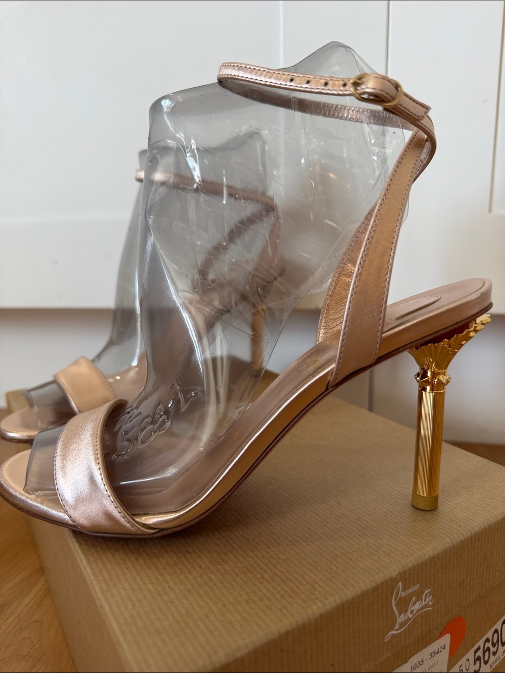 Christian Louboutin Rose Gold Metallic Strappy Heels with Gold Sculpted Heel
